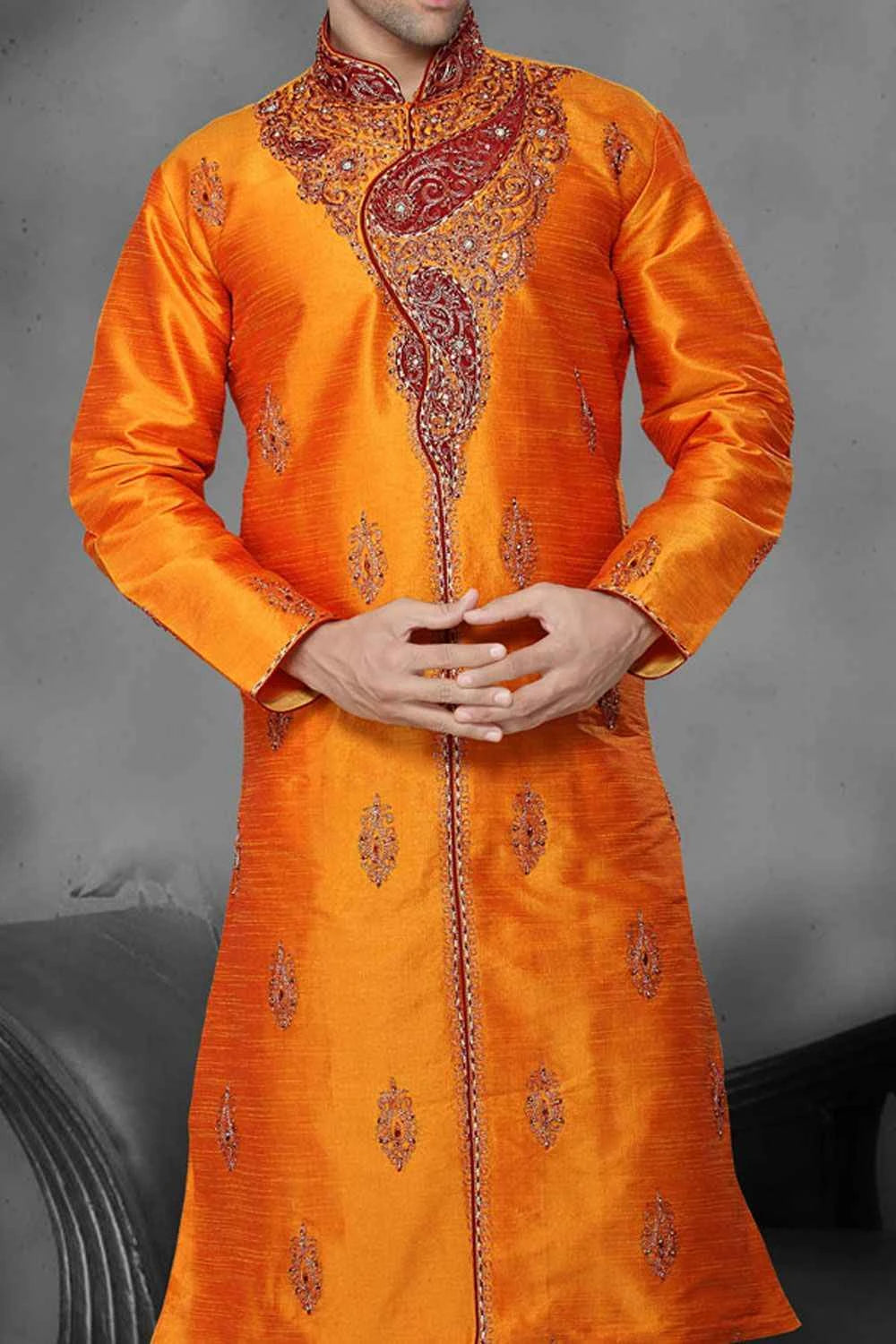 Mustard Art Dupion Designer Kurta Pajama (NMK-2182)