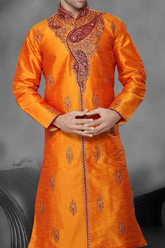 Mustard Art Dupion Designer Kurta Pajama (NMK-2182)