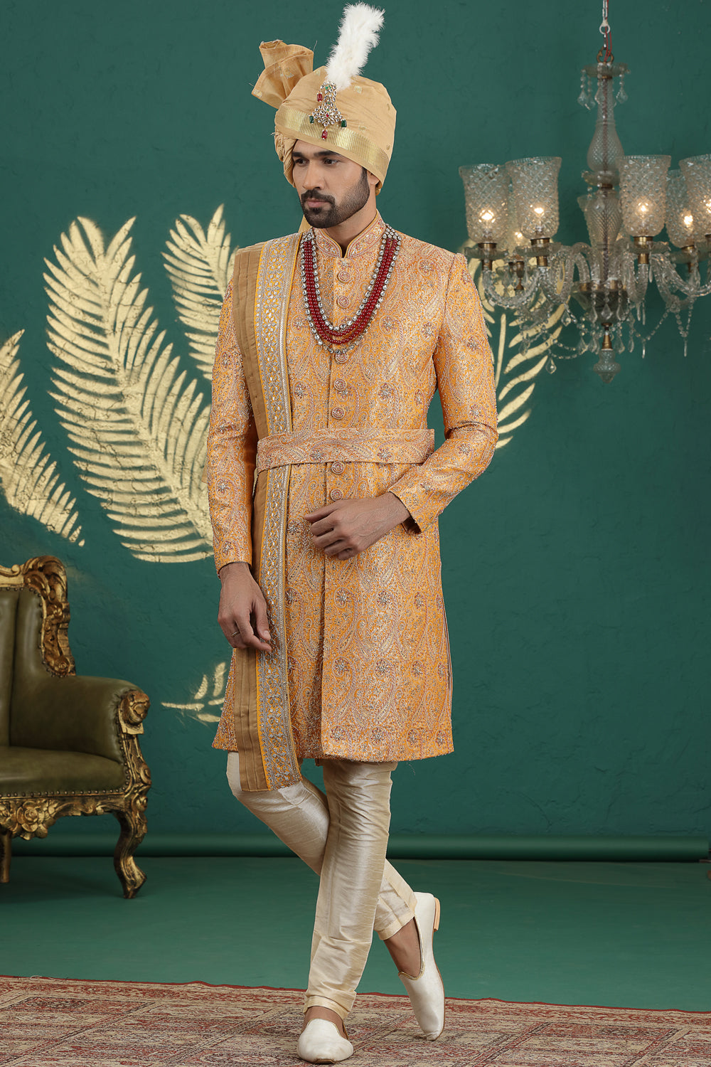 Mustard Banarasi Jaquard Sherwani (NMK-8612) - Nihal Fashions