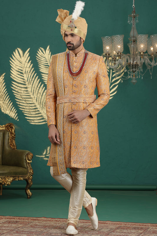 Mustard Banarasi Jaquard Sherwani (NMK-8612) - Nihal Fashions