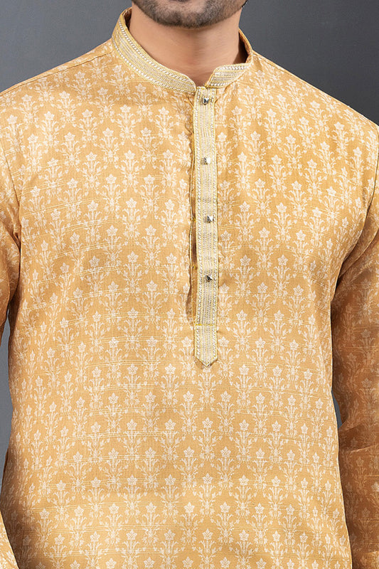 Mustard Printed Cotton Silk Kurta Pajama (NMK-8782) - Nihal Fashions