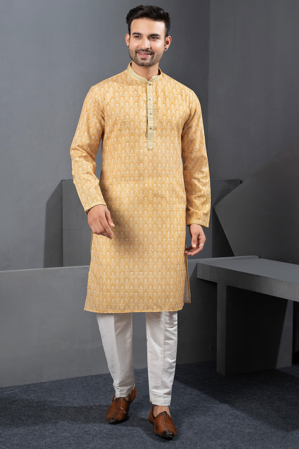 Mustard Printed Cotton Silk Kurta Pajama (NMK-8782) - Nihal Fashions