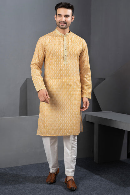 Mustard Printed Cotton Silk Kurta Pajama (NMK-8782) - Nihal Fashions