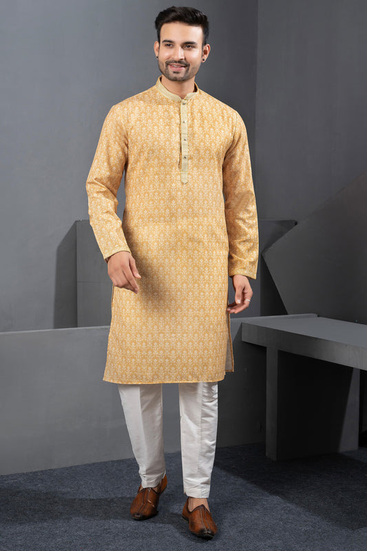 Mustard Printed Cotton Silk Kurta Pajama (NMK-8782) - Nihal Fashions