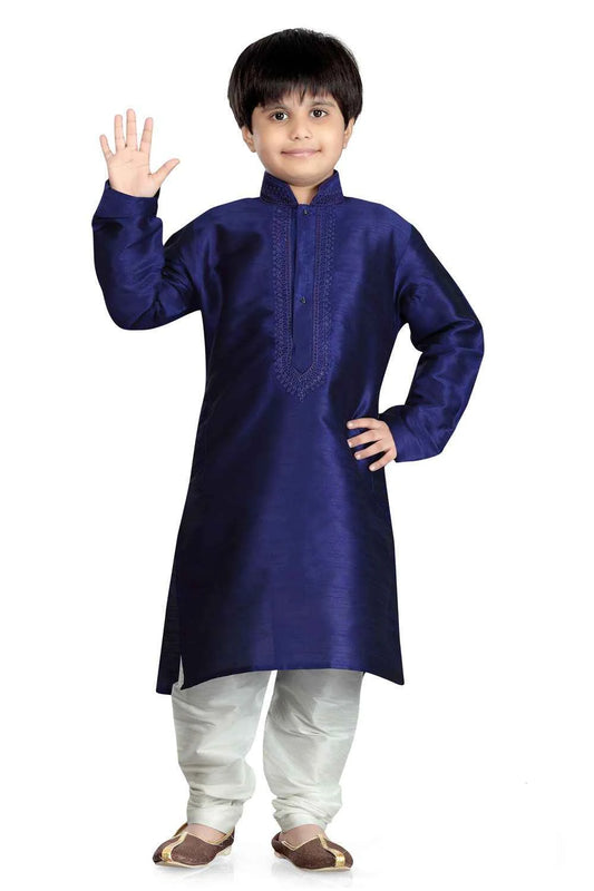 Navy Blue Art Dupion Kids Kurta (NKK-490)