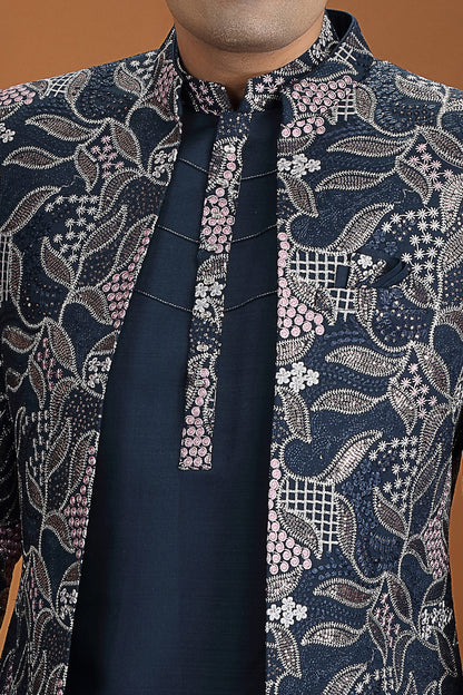Navy Blue Art Silk 3 piece Indo Western (NMK-8638) - Nihal Fashions