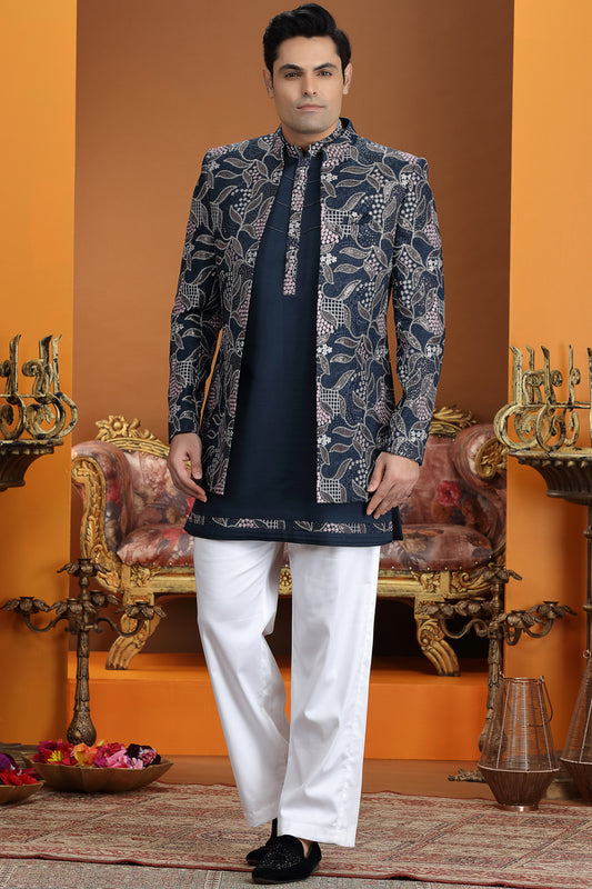 Navy Blue Art Silk 3 piece Indo Western (NMK-8638) - Nihal Fashions