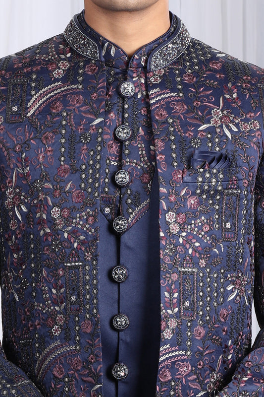 Navy Blue Art Silk 3 piece Indo Western (NMK-8657) - Nihal Fashions