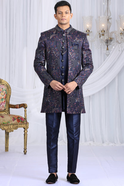 Navy Blue Art Silk 3 piece Indo Western (NMK-8657) - Nihal Fashions