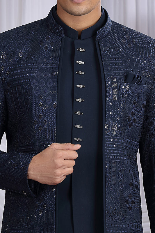 Navy Blue Art Silk 3 piece Jacket Jodhpuri (NMK-8676) - Nihal Fashions