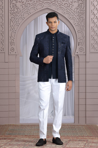 Navy Blue Art Silk 3 piece Jacket Jodhpuri (NMK-8676) - Nihal Fashions