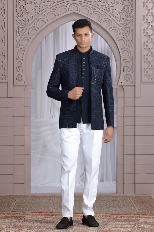 Navy Blue Art Silk 3 piece Jacket Jodhpuri (NMK-8676) - Nihal Fashions