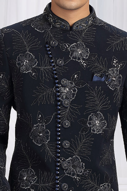 Navy Blue Art Silk Designer Sherwani (NMK-8651) - Nihal Fashions