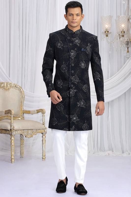 Navy Blue Art Silk Designer Sherwani (NMK-8651) - Nihal Fashions