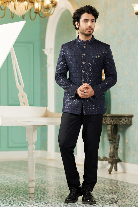 Navy Blue Art Silk Embroidered Indo Western (NMK-7138) - Nihal Fashions