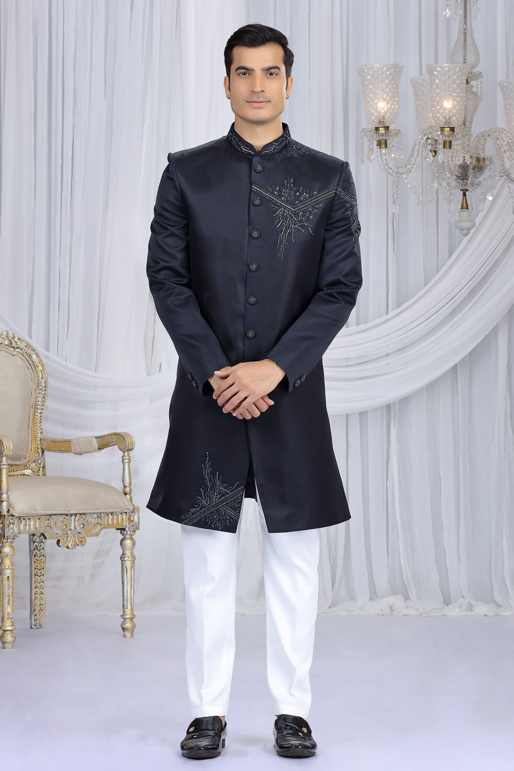 Navy Blue Art Silk Indo Western (NMK-8685) - Nihal Fashions