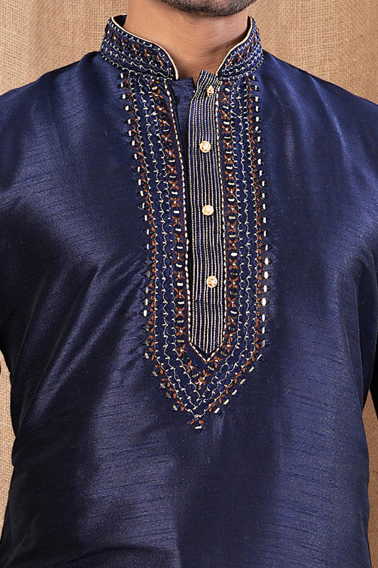 Navy Blue Art Silk Kurta Pajama (NMK-8503) - Nihal Fashions