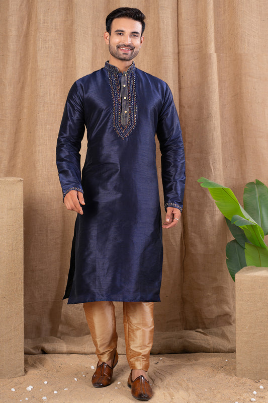 Navy Blue Art Silk Kurta Pajama (NMK-8503) - Nihal Fashions