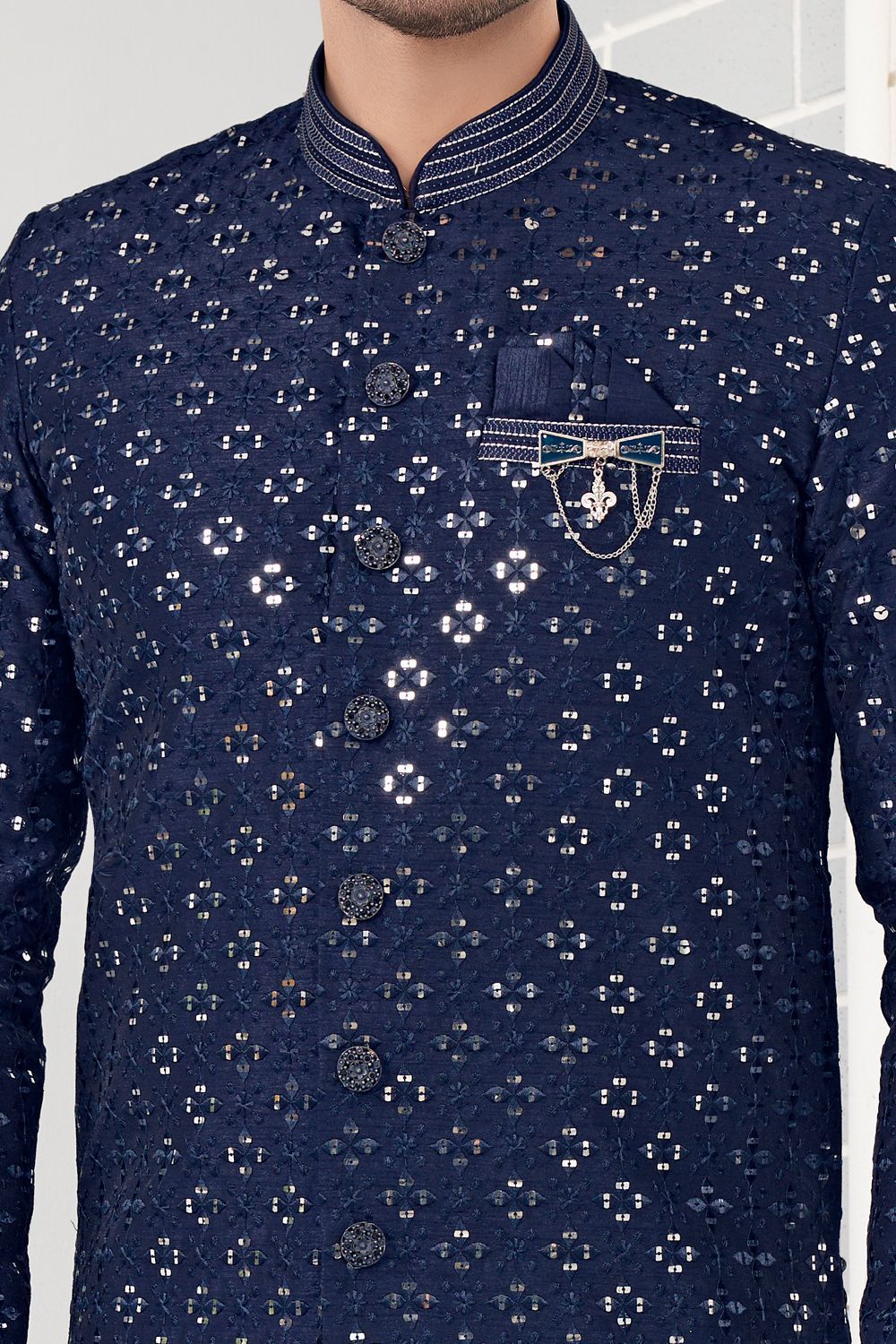 Navy Blue Art Silk Mens Indo Western (NMK-7309) - Nihal Fashions