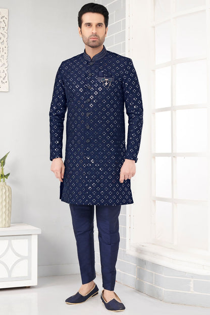 Navy Blue Art Silk Mens Indo Western (NMK-7309) - Nihal Fashions
