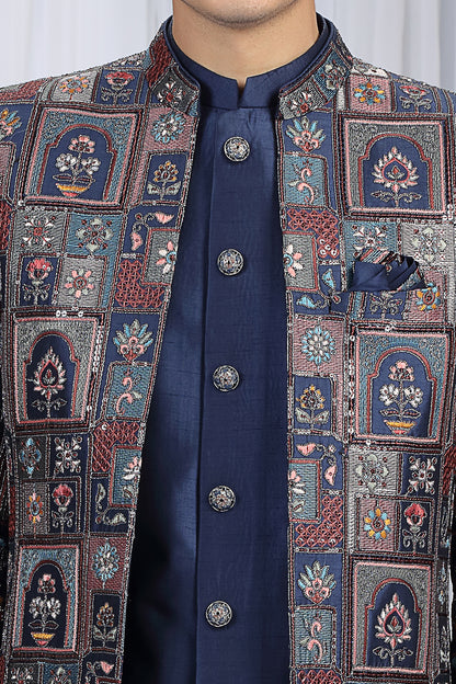 Navy Blue Art Silk Mens Indo Western (NMK-8661) - Nihal Fashions