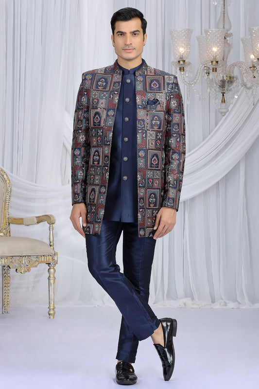 Navy Blue Art Silk Mens Indo Western (NMK-8661) - Nihal Fashions