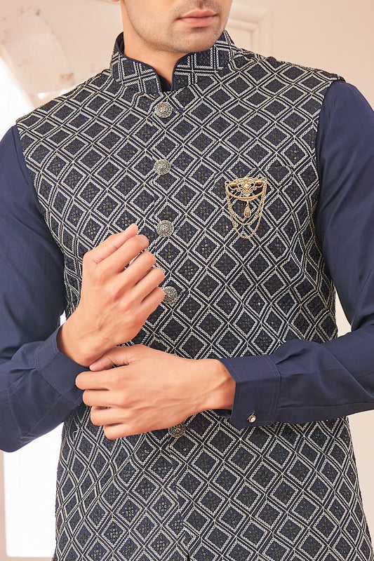 Navy Blue Art Silk Mens Nehru Jacket (NMK-8024) - Nihal Fashions