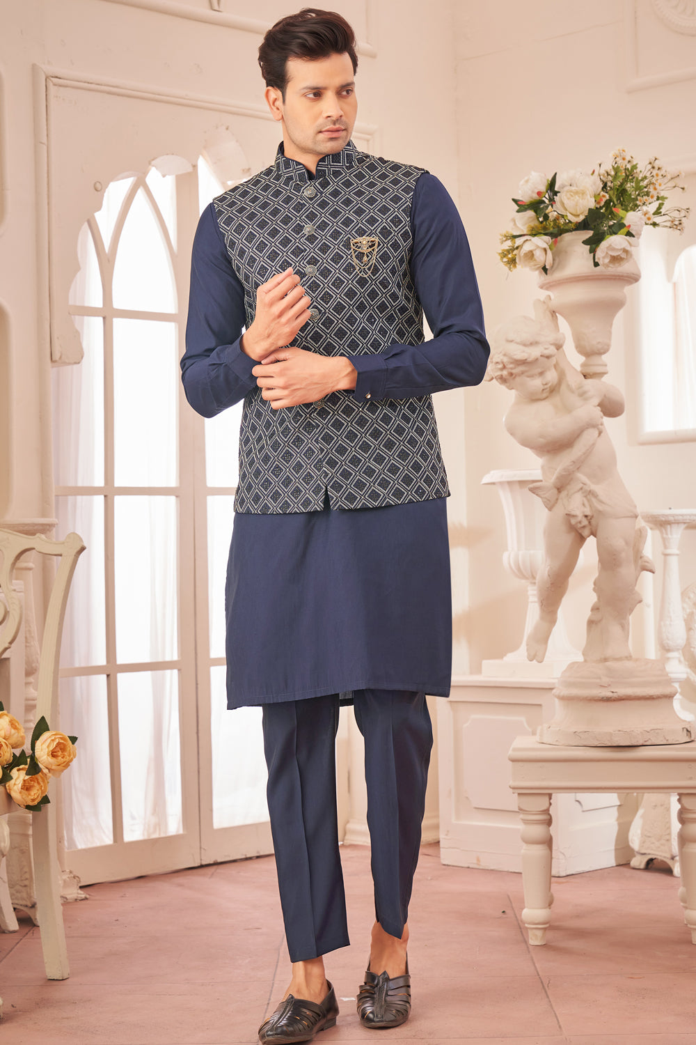 Navy Blue Art Silk Mens Nehru Jacket (NMK-8024) - Nihal Fashions