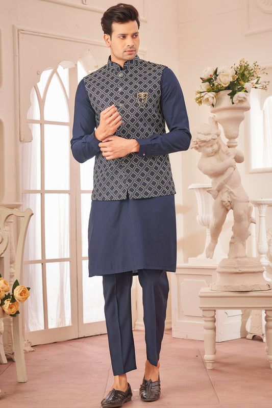 Navy Blue Art Silk Mens Nehru Jacket (NMK-8024) - Nihal Fashions