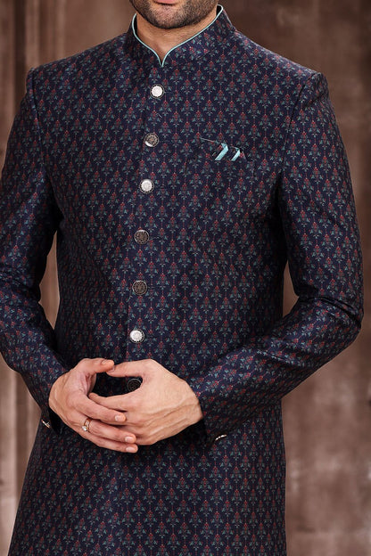 Navy Blue Art Silk Mens Sherwani (NMK-6878) - Nihal Fashions