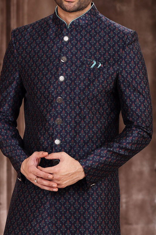 Navy Blue Art Silk Mens Sherwani (NMK-6878) - Nihal Fashions