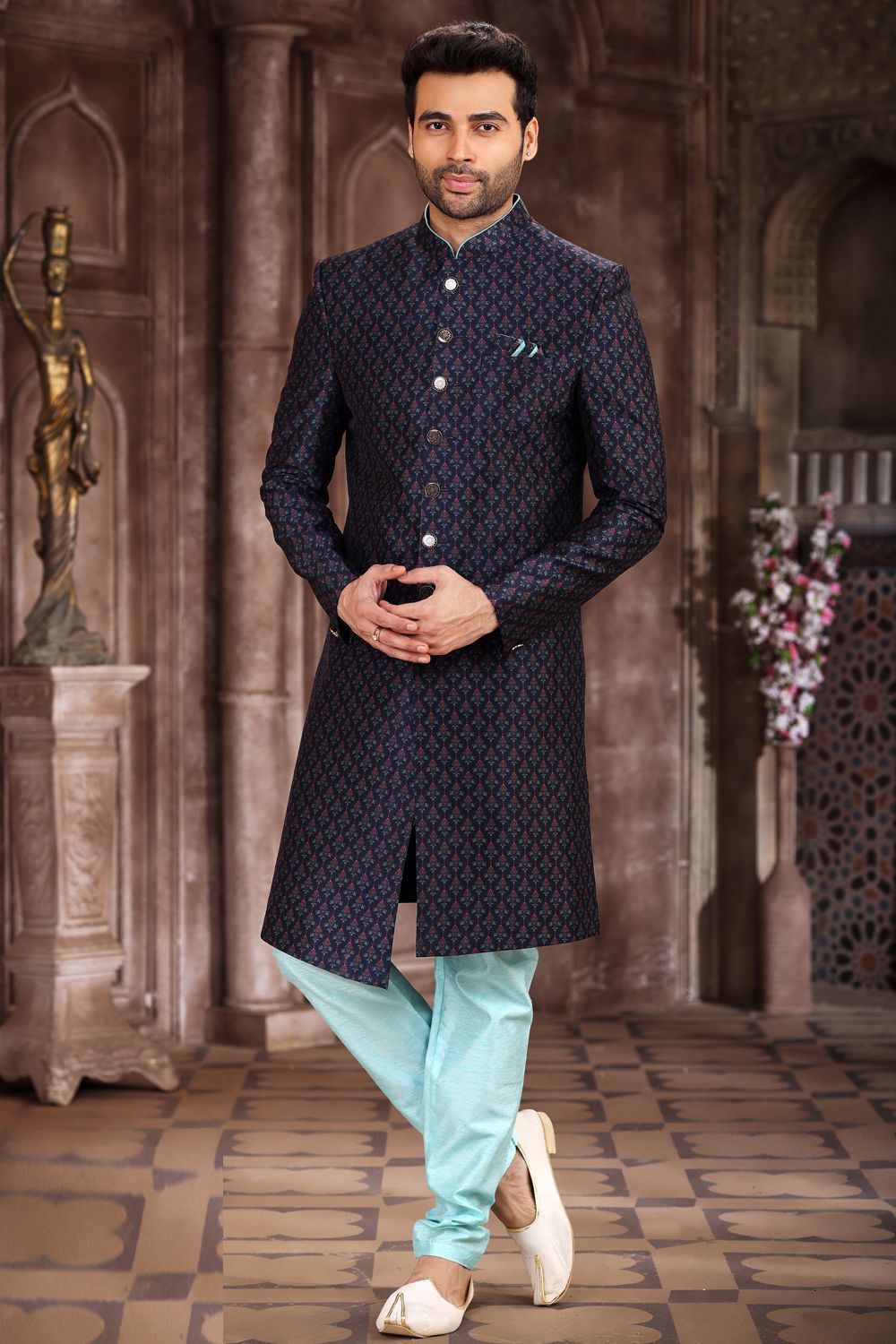 Navy Blue Art Silk Mens Sherwani (NMK-6878) - Nihal Fashions