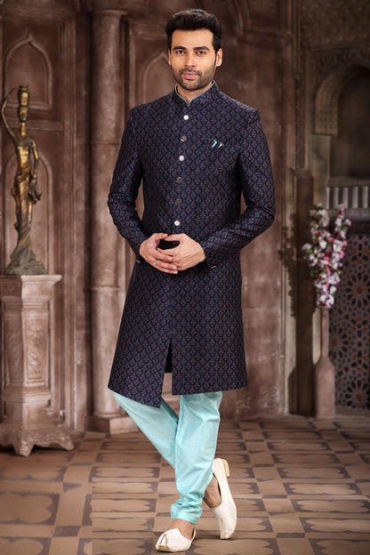 Navy Blue Art Silk Mens Sherwani (NMK-6878) - Nihal Fashions