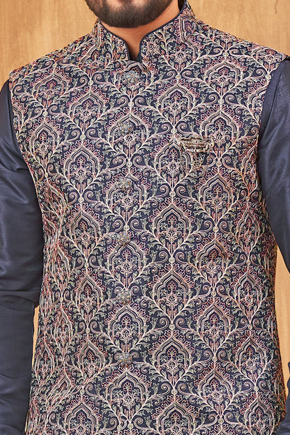 Navy Blue Art Silk Nehru Jacket (NMK-8003) - Nihal Fashions