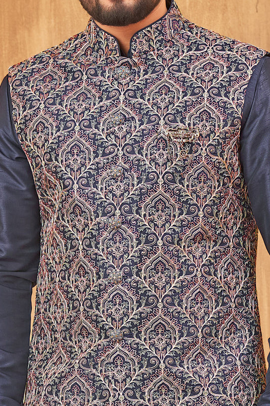 Navy Blue Art Silk Nehru Jacket (NMK-8003) - Nihal Fashions