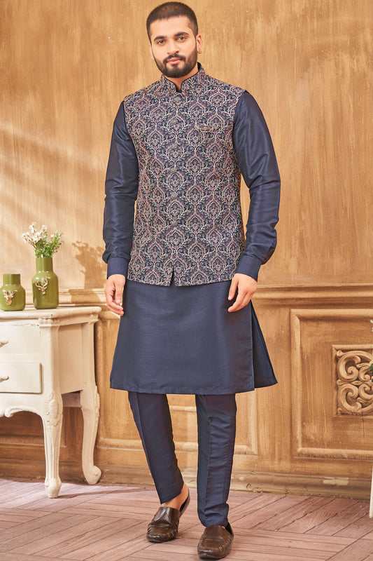 Navy Blue Art Silk Nehru Jacket (NMK-8003) - Nihal Fashions