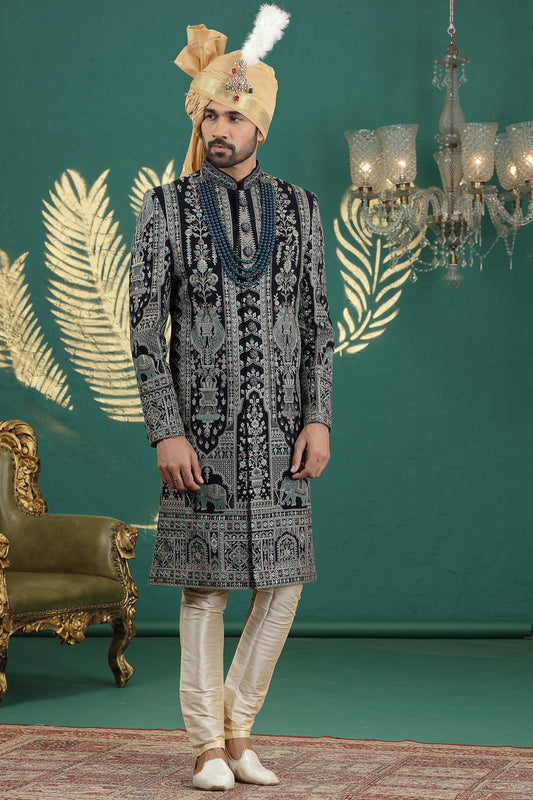 Navy Blue Art Silk Sherwani for Men (NMK-8598) - Nihal Fashions