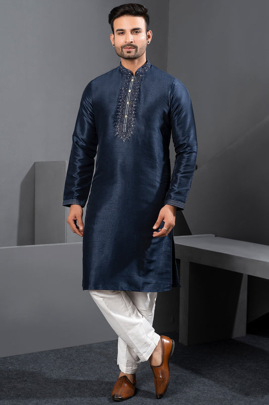Navy Blue Banglori Silk Kurta Pajama (NMK-8736) - Nihal Fashions