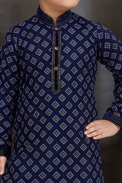 Navy Blue Cotton Printed Boys Kurta Pajama (NKK-784) - Nihal Fashions