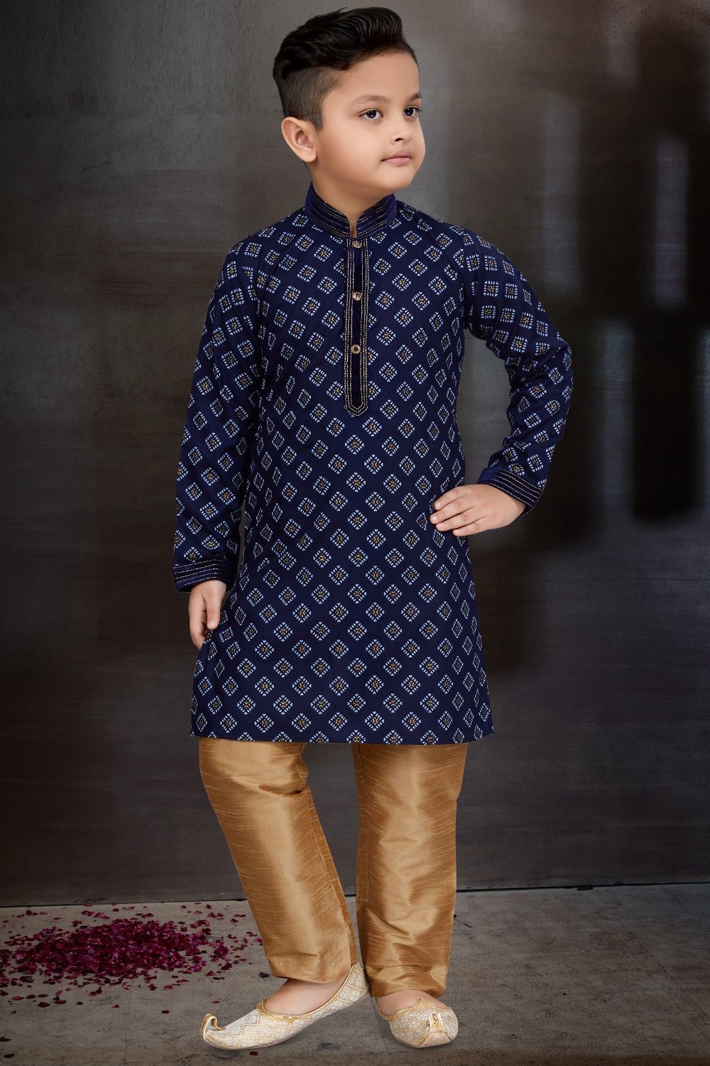 Navy Blue Cotton Printed Boys Kurta Pajama (NKK-784) - Nihal Fashions