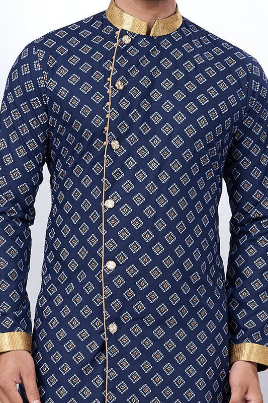 Navy Blue Cotton Printed Mens Indo Western (NMK-6926) - Nihal Fashions