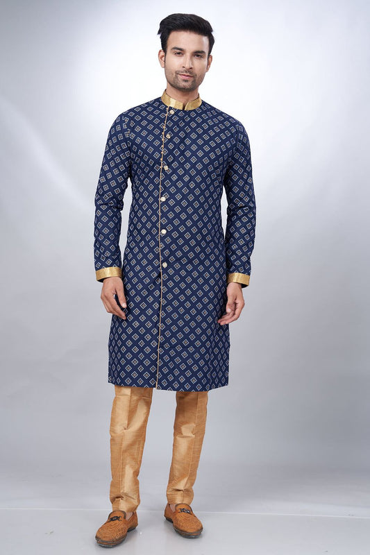 Navy Blue Cotton Printed Mens Indo Western (NMK-6926) - Nihal Fashions