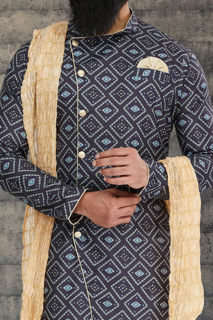 Navy Blue Cotton Silk Indo Western for Men (NMK-6783) - Nihal Fashions