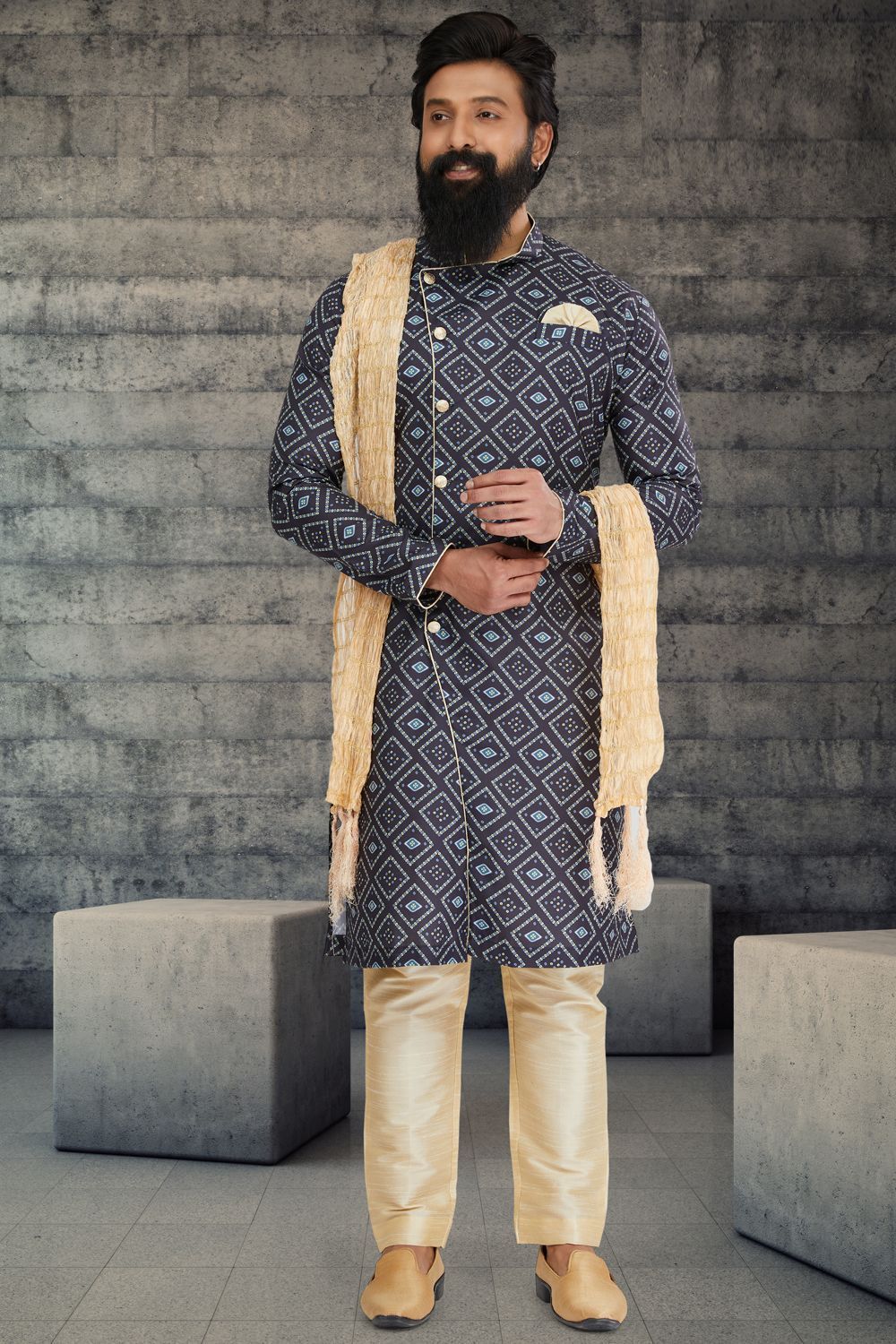 Navy Blue Cotton Silk Indo Western for Men (NMK-6783) - Nihal Fashions