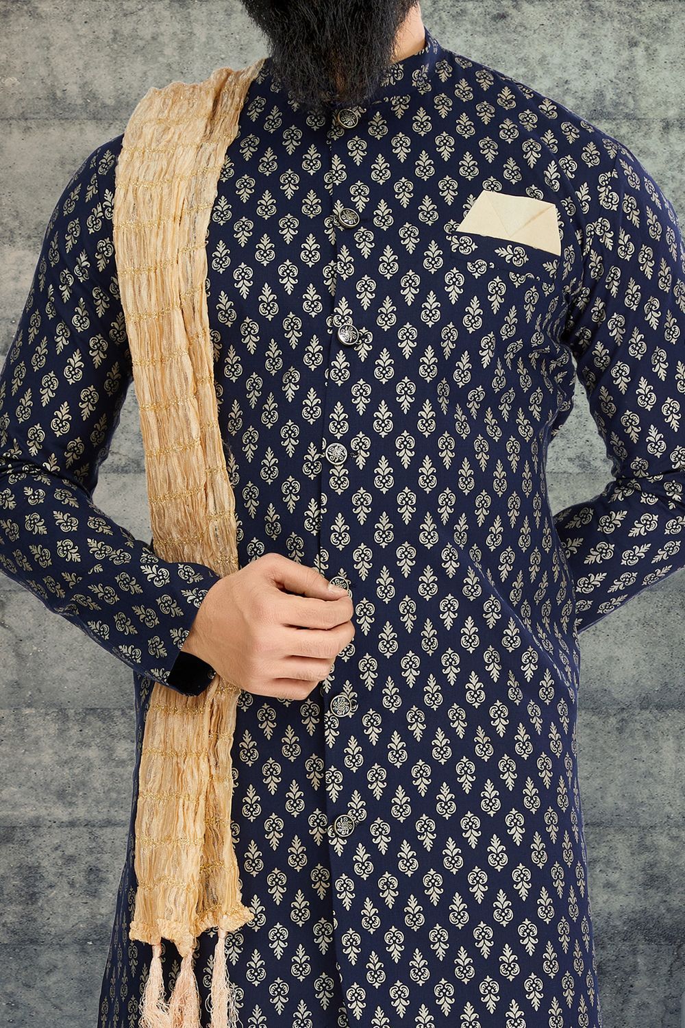 Navy Blue Cotton Silk Mens Indo Western (NMK-6782) - Nihal Fashions