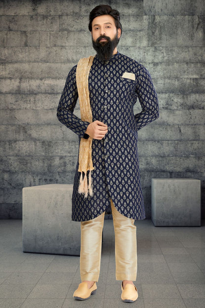 Navy Blue Cotton Silk Mens Indo Western (NMK-6782) - Nihal Fashions