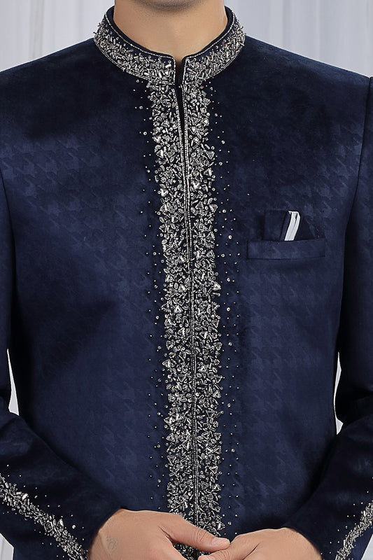 Navy Blue Embossed Velvet Indo Western (NMK-8687) - Nihal Fashions