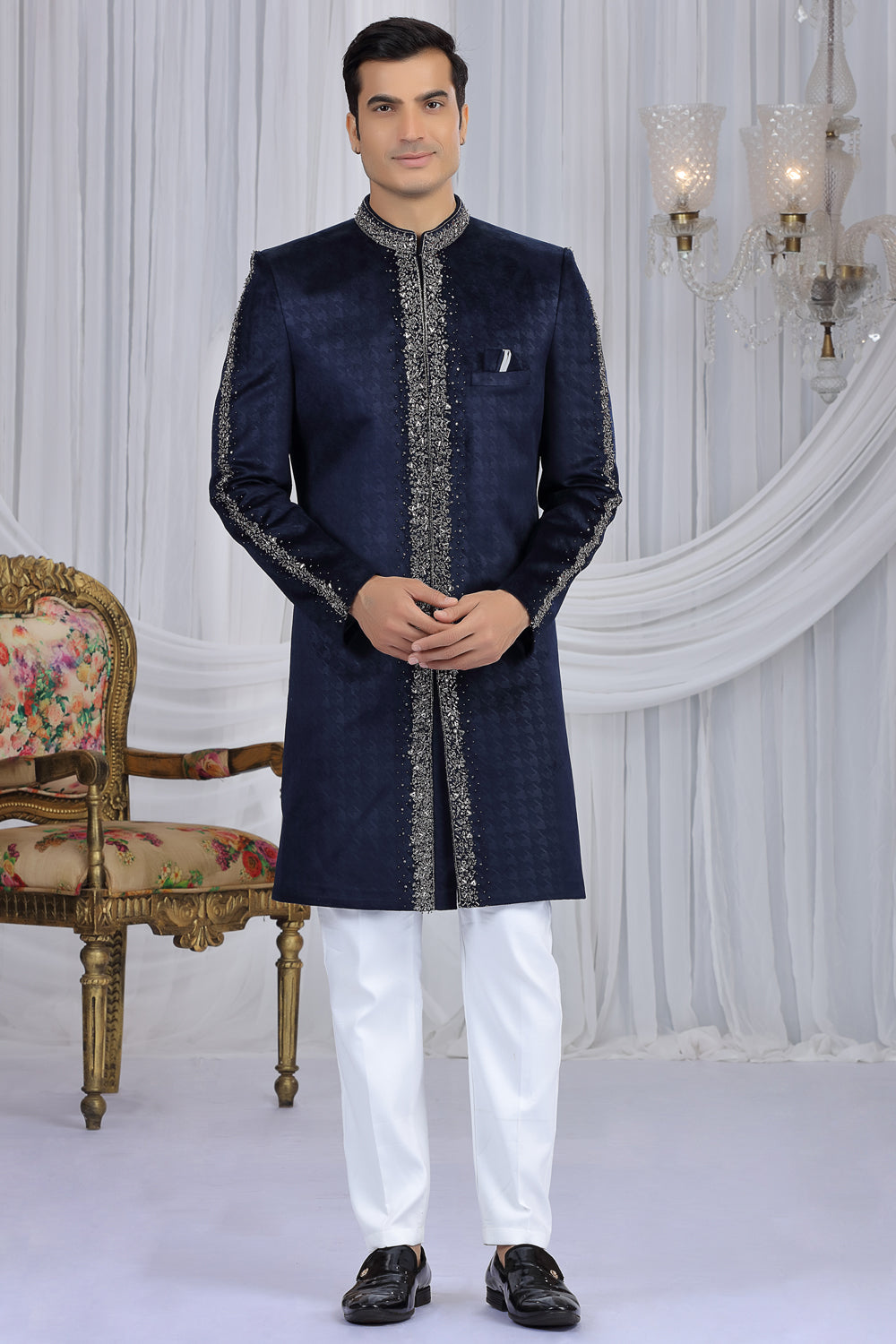 Navy Blue Embossed Velvet Indo Western (NMK-8687) - Nihal Fashions