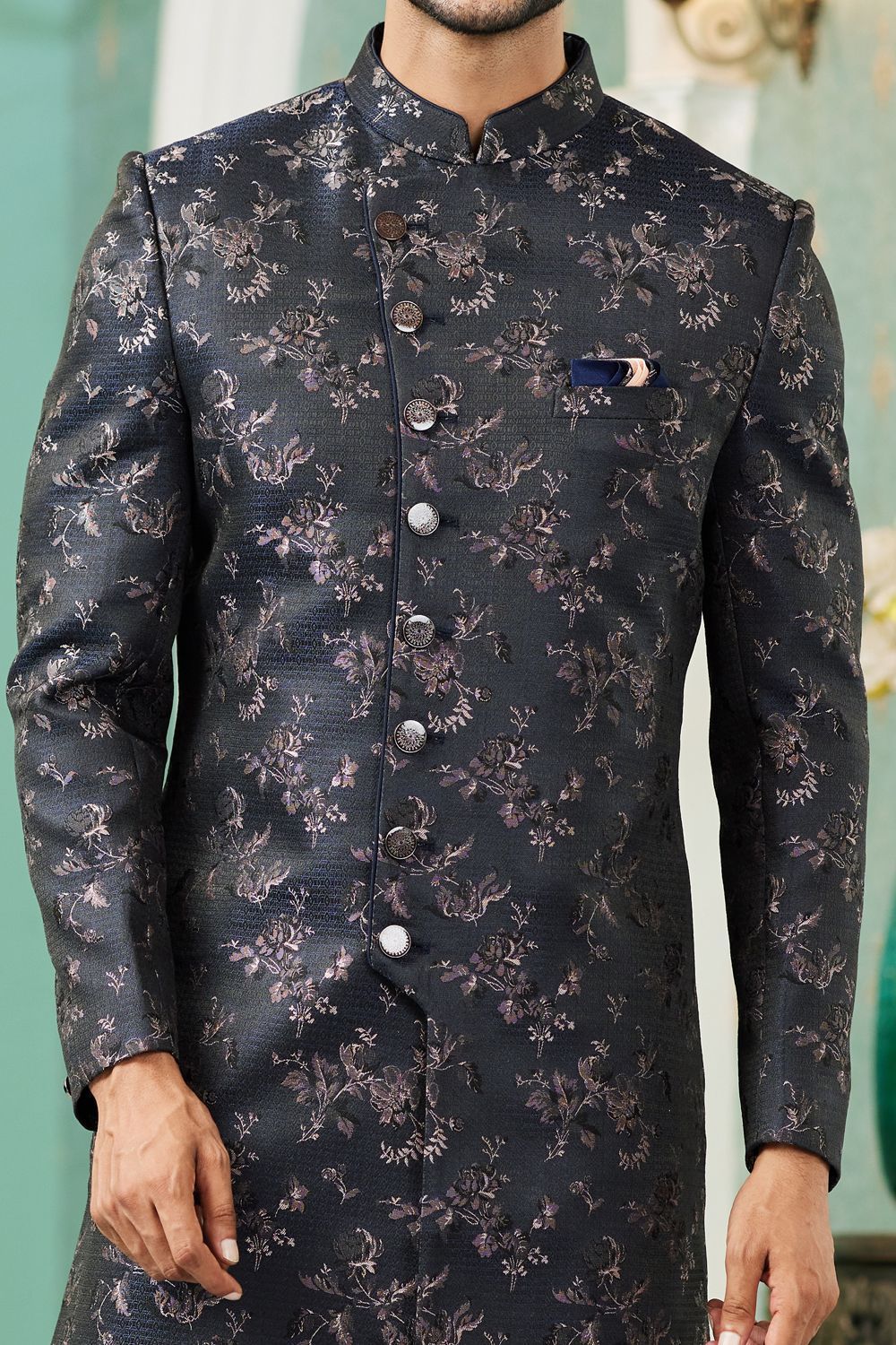 Navy Blue Imported Jaquard Silk Indo Western (NMK-7150) - Nihal Fashions