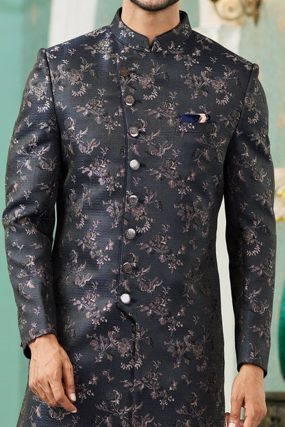 Navy Blue Imported Jaquard Silk Indo Western (NMK-7150) - Nihal Fashions